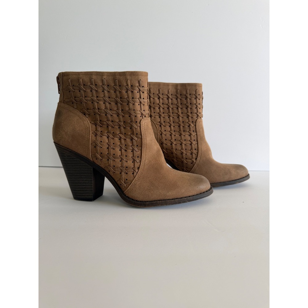 Fergalicious Worthy Tan Brown Woven Perforated Block Heel Ankle Boots Womens 10M
